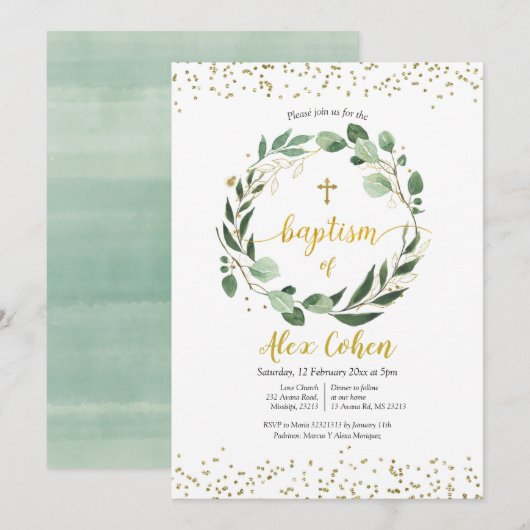 Gold en Greenery Baptism Invitation Kaart (Voorkant / Achterkant)