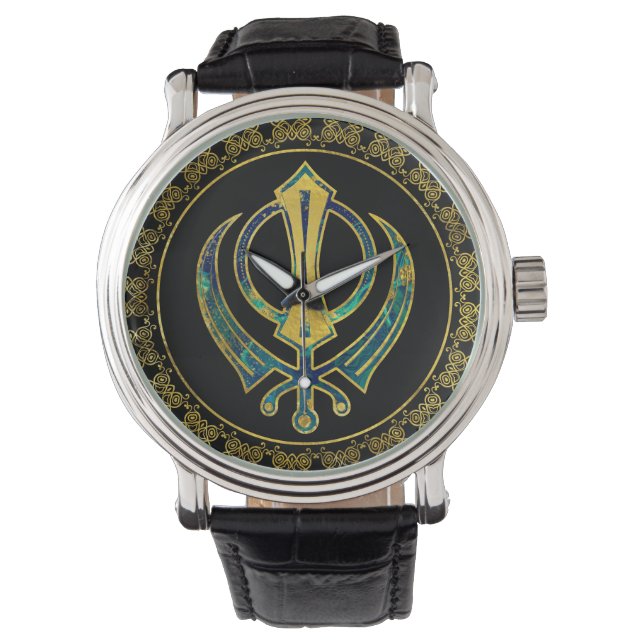 Gold- en Marble Khanda-symbool Horloge (Voorkant)