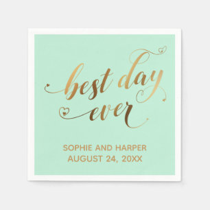 Gold en Mint Green Best Day Ever, Hearts Script Servet