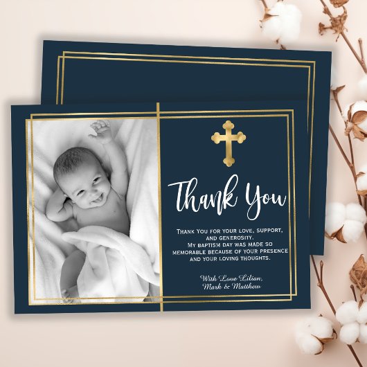 Gold en Navy Blue Baptism Foto bedankt kaarten