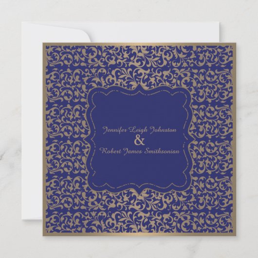 Gold en Navy Blue Filigree Wedding Invitation Kaart (Voorkant)