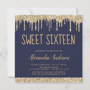Gold en Navy Blue Glitter Sweet Sixteen Birthday Kaart