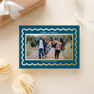 Gold en Navy Blue Preppy Scallop Foto Lijst Folie Feestdagenkaart