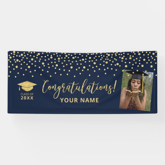 Gold- en Navy-Confetti - Afstuderen met felicitati Spandoek (Horizontaal)