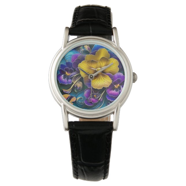 Gold en Paarse Pansy Patch Horloge (Voorkant)