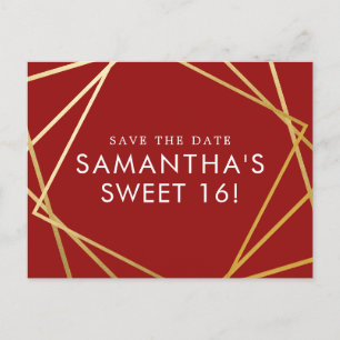 Gold en Red Geometric Sweet 16 Sparen de Datum Aankondigingskaart