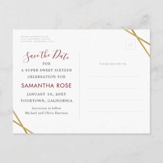 Gold en Red Geometric Sweet 16 Sparen de Datum Aankondigingskaart (Achterkant)