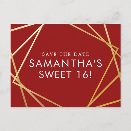 Gold en Red Geometric Sweet 16 Sparen de Datum Aankondigingskaart (Voorkant)