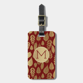Gold- en Red Leaf-patroon en -monogram Bagagelabel