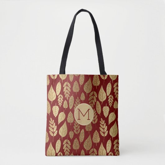 Gold- en Red Leaf-patroon en -monogram Draagtas (Voorkant)
