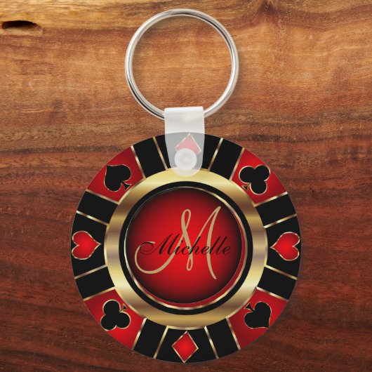 Gold- en Red Poker-chipontwerp - Monogram Sleutelh Sleutelhanger (Achterkant)