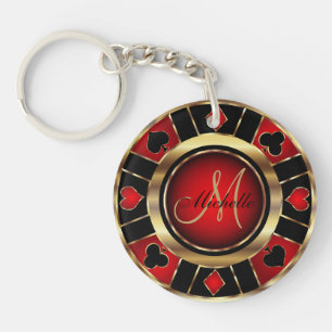 Gold- en Red Poker-chipontwerp - Monogram Sleutelhanger