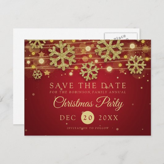 Gold- en rode kerstfeestdag bespaart u de datum va aankondigingskaart (Voorkant / Achterkant)