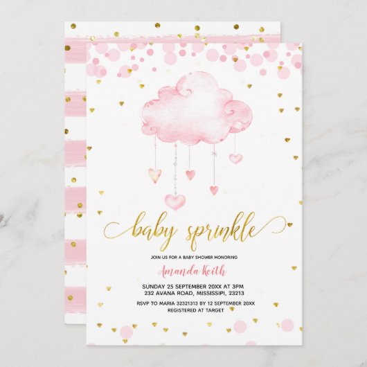Gold en Roze Raincluide Baby Sprinkle Invitation Kaart (Voorkant / Achterkant)