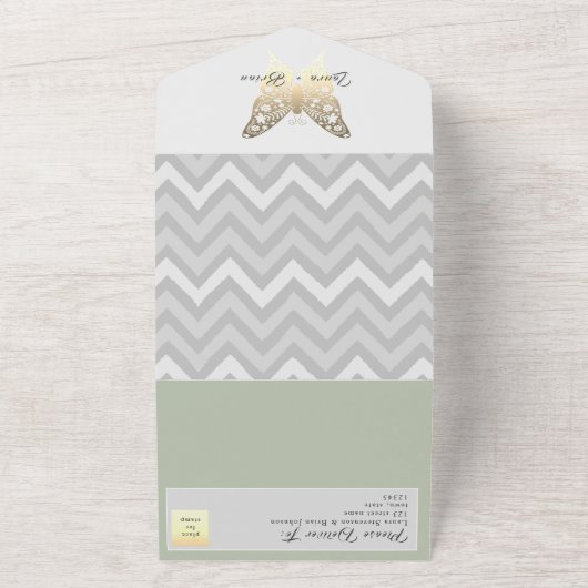 Gold en Sage Green Wedding All In One Uitnodiging (Buitenkant)