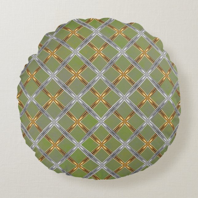 Gold en Silver Laced Green Pattern Rond Kussen (Voorkant)