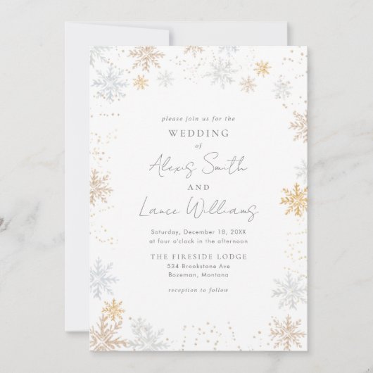 Gold en Silver Snowflakes Weddenschap Save The Date (Voorkant)
