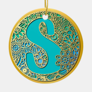 Gold- en Turquoise-brief S en kleurrijke bloemen Keramisch Ornament