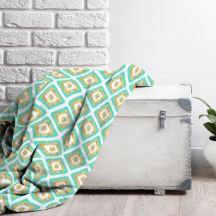 Gold- en Turquoise-chic Ikat-patroon Fleece Deken