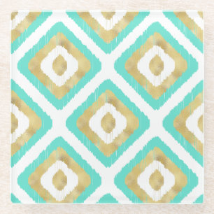 Gold- en Turquoise-chic Ikat-patroon Glazen Onderzetter