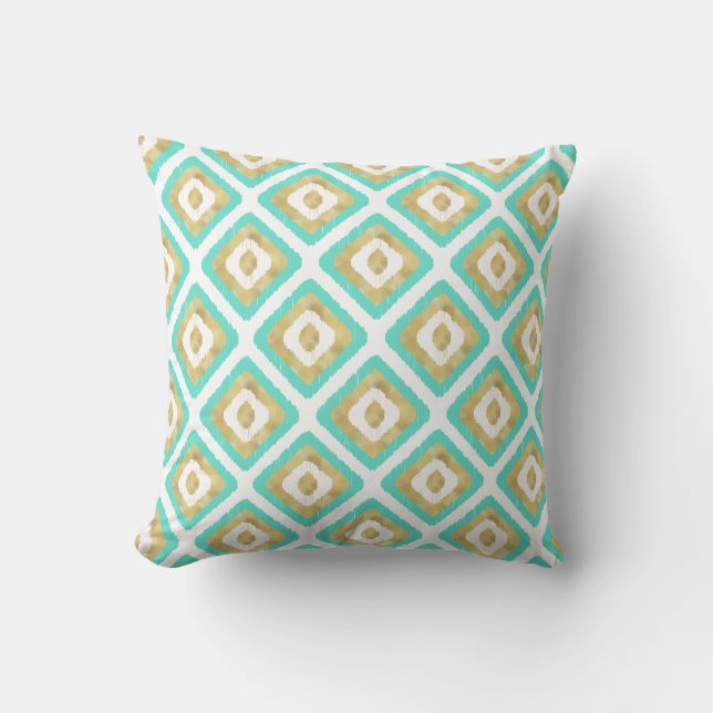 Gold- en Turquoise-chic Ikat-patroon Kussen (Voorkant)
