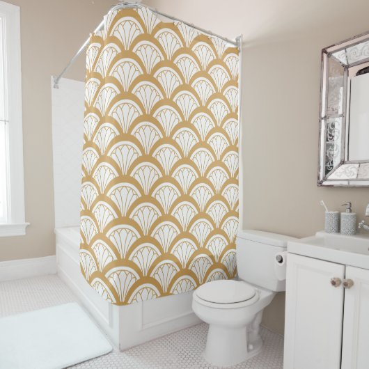 Gold en White Art Deco Fan Flower Pattern Douchegordijn (In situ)