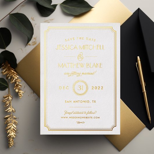 Gold en White Art Deco Opslaan Datum Folie Uitnodiging