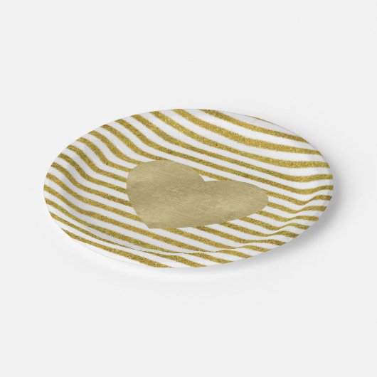Gold- en White Chic Stripes Heart Papieren Bordje (Gekanteld)