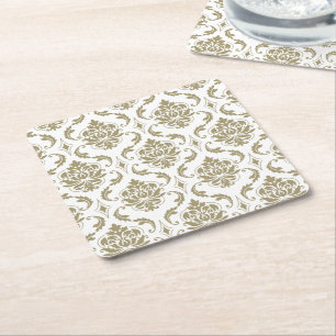 Gold en White Damask Pattern Vierkante Kartonnen Onderzetter