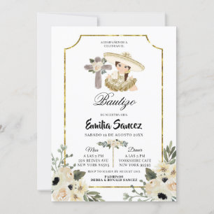 Gold en White Floral Girl Bautizo Invitacion Kaart