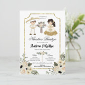 Gold en White Floral Sibling Boy en Girl Bautizo Kaart (Staand voorkant)