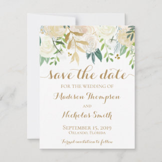 Gold en White Flower Wedding Save the Date Card