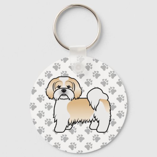 Gold en White Lhasa Apso Cute Dog Sleutelhanger (Voorkant)