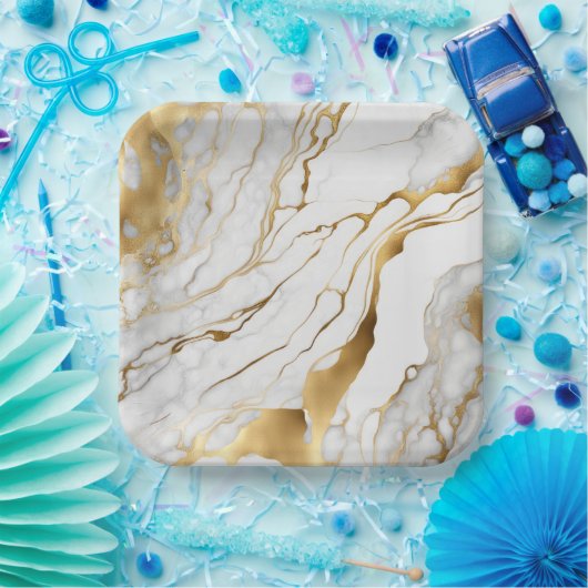 Gold en White Marble Abstract Papieren Bordje (Feest)