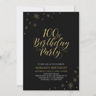 Gold en zwart   Modern Chic 100th Birthday Party Kaart