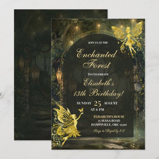 Gold Enchanted Forest Fairy Verjaardagsmeisje Kaart (Voorkant / Achterkant)