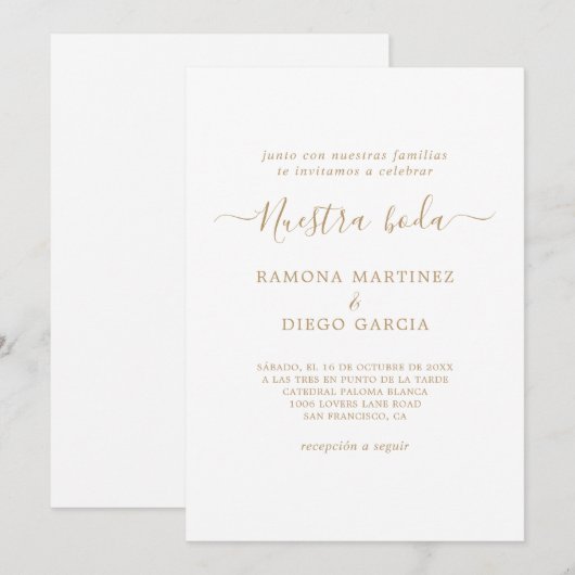 Gold Espagnol Nuestra Boda Invitation (Devant / Derrière)