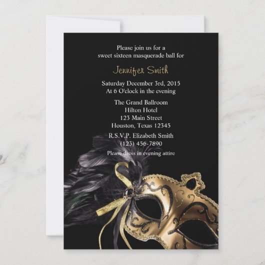 Gold et Black Masquerade Sweet 16 Ball Invitation (Dos)
