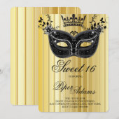 Gold et Black Sweet 16 Invitation Masquerade (Devant / Derrière)