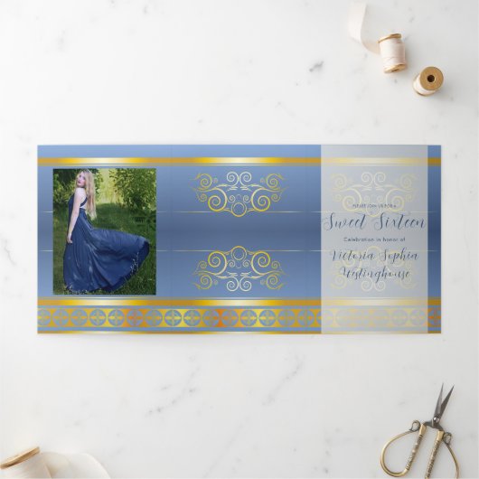 Gold et Blue Photo Sweet 16 Party Invitation (Extérieur)