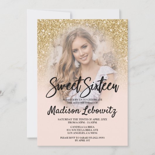 Gold et Blush Sweet 16 Photo Invitation Anniversai (Devant)
