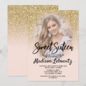 Gold et Blush Sweet 16 Photo Invitation Anniversai (Devant / Derrière)