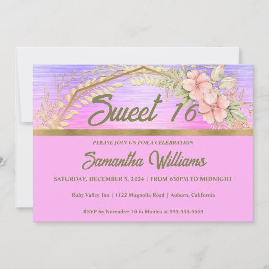 Gold et Floral Sweet 16 Invitation (Devant)