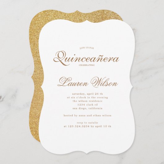 Gold et parties scintillant Quinceanera Invitation (Devant / Derrière)
