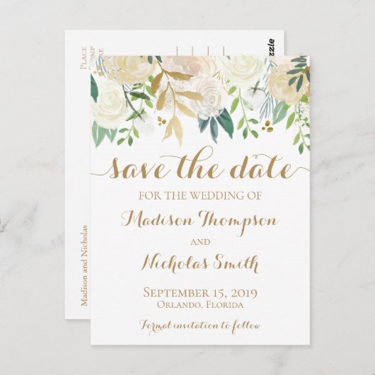 Gold et White Flower Enregistrer la date Cartes po (Devant / Derrière)