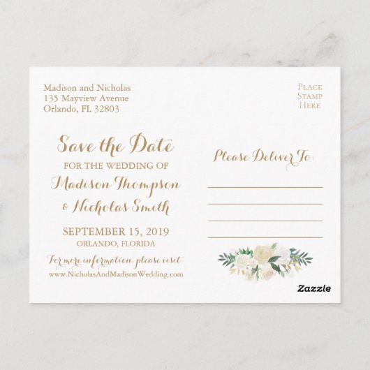 Gold et White Flower Enregistrer la date Cartes po (Dos)