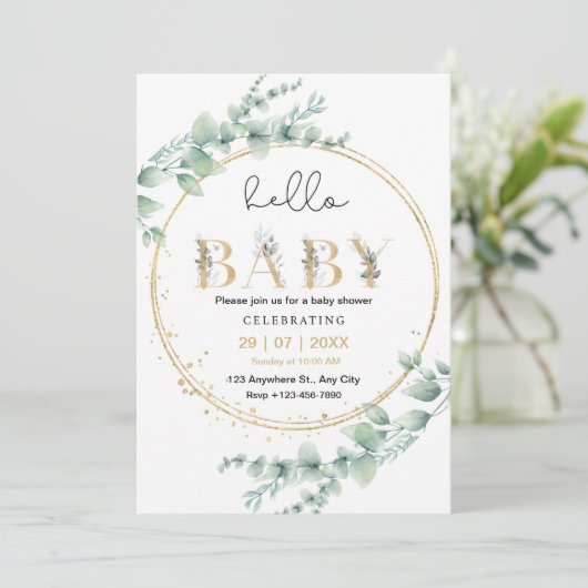Gold Eucalyptus Hello Baby Invitation (Debout devant)