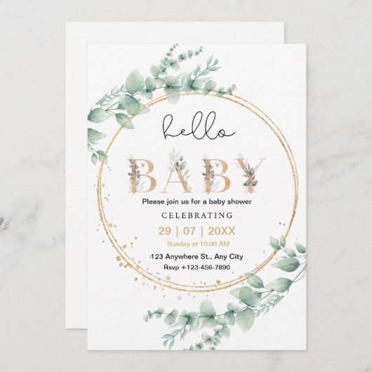 Gold Eucalyptus Hello Baby Invitation (Devant / Derrière)