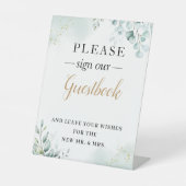 Gold Eucalyptus Leaves Greenery Wedding Guestbook Reclamebord Met Voetstuk (Voorkant)