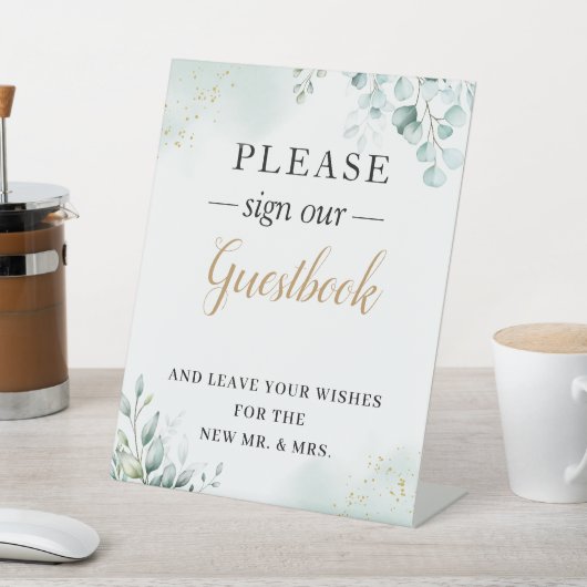 Gold Eucalyptus Leaves Greenery Wedding Guestbook Reclamebord Met Voetstuk (Insitu)